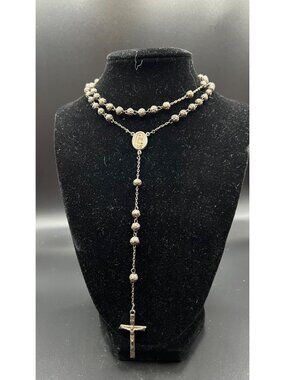 Silvertone Rosary Rose Beads Virgin Mary Pendant Crucifix Catholic Prayer Vintag